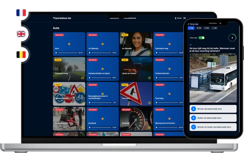 Theoriedoen.be platform interface - Laptop en smartphone met theorie examen oefenen