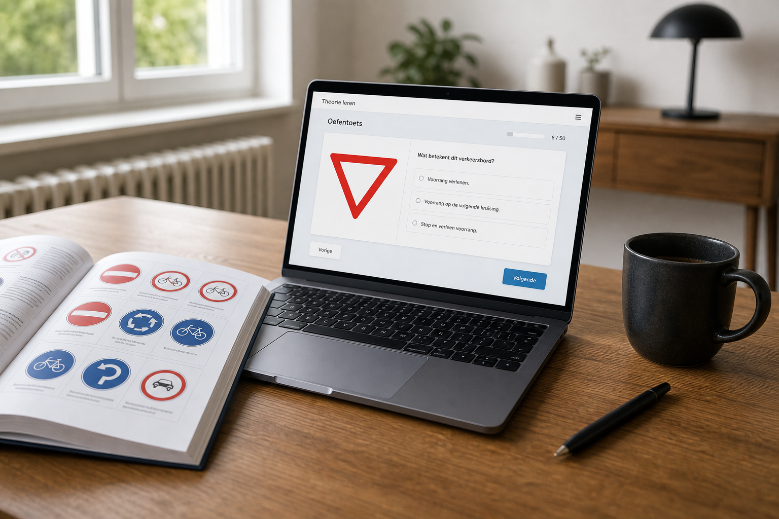 Bureau met laptop en oefenvragen om auto theorie te leren in België