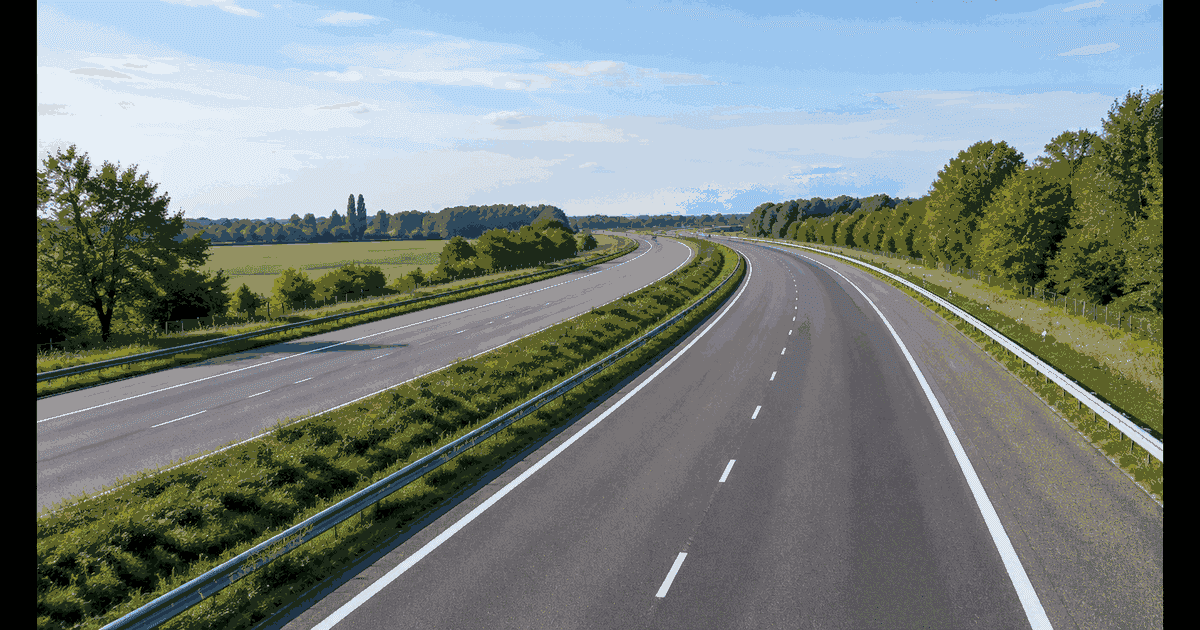 Belgische autosnelweg met meerdere rijstroken, pechstrook, groene middenberm en Europees landschap