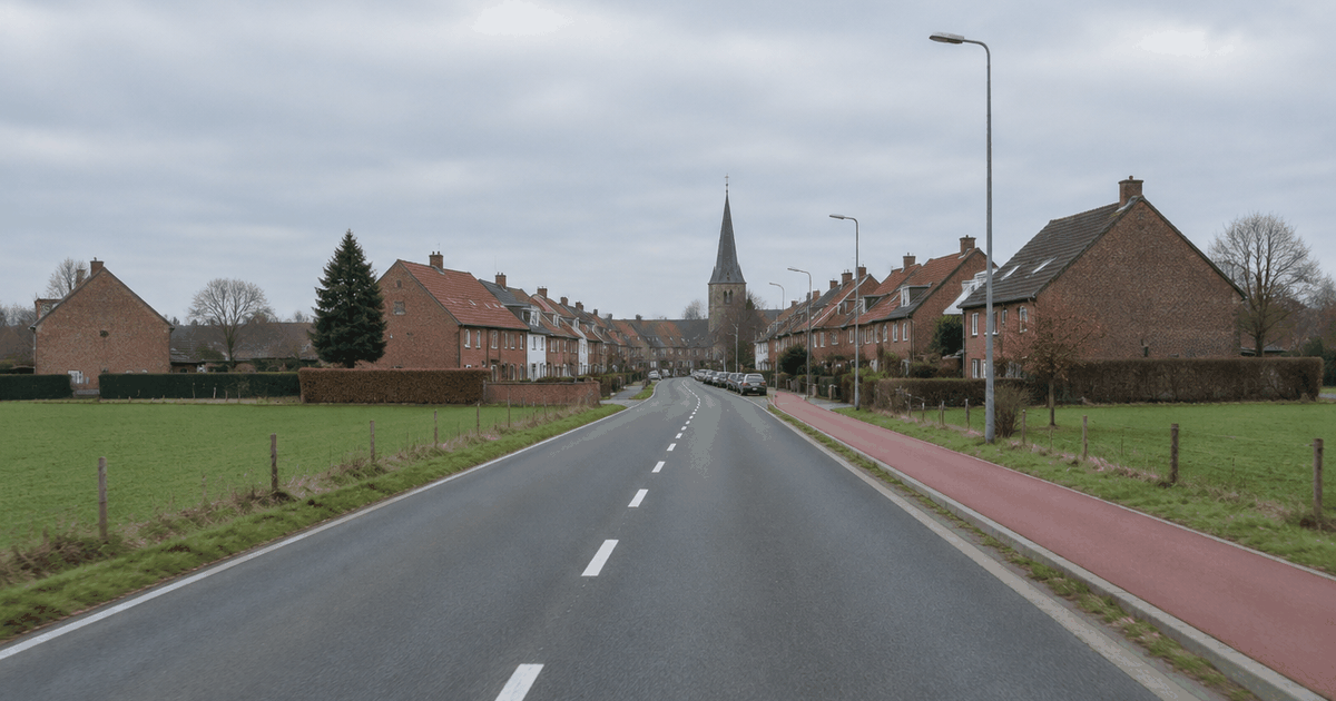 Weg die een Vlaams dorp binnenrijdt met fietspad en bakstenen huizen: de bebouwde kom in België