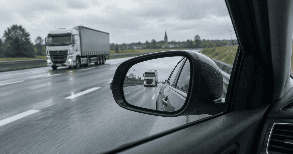 Binnenzicht van een auto met buitenspiegel en naastliggende rijstrook: dode hoek checken voor veilig inhalen