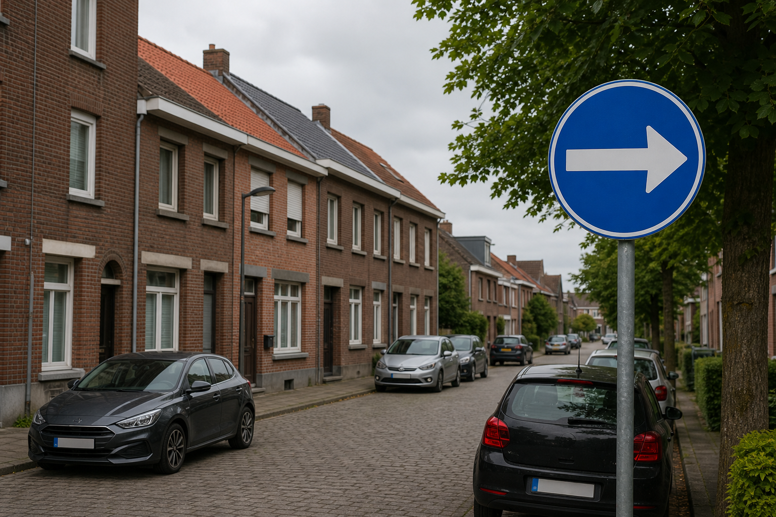 Blauw rond Belgisch gebodsbord met witte pijl: gebodsborden herkennen voor het theorie-examen