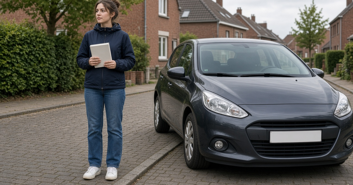 Jonge kandidaat-bestuurder met lesboek theorie naast een auto in België, sfeer rijbewijs B leeftijd en examenplanning