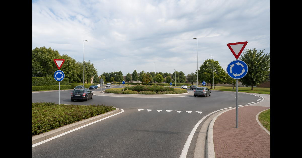 Belgische rotonde met D5-gebodsbord, B1 voorrangsbord en haaientanden aan de toegang voor het theorie-examen
